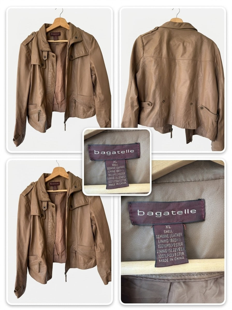 Chaqueta Corta de Cuero Genuino Estilo Utilitario