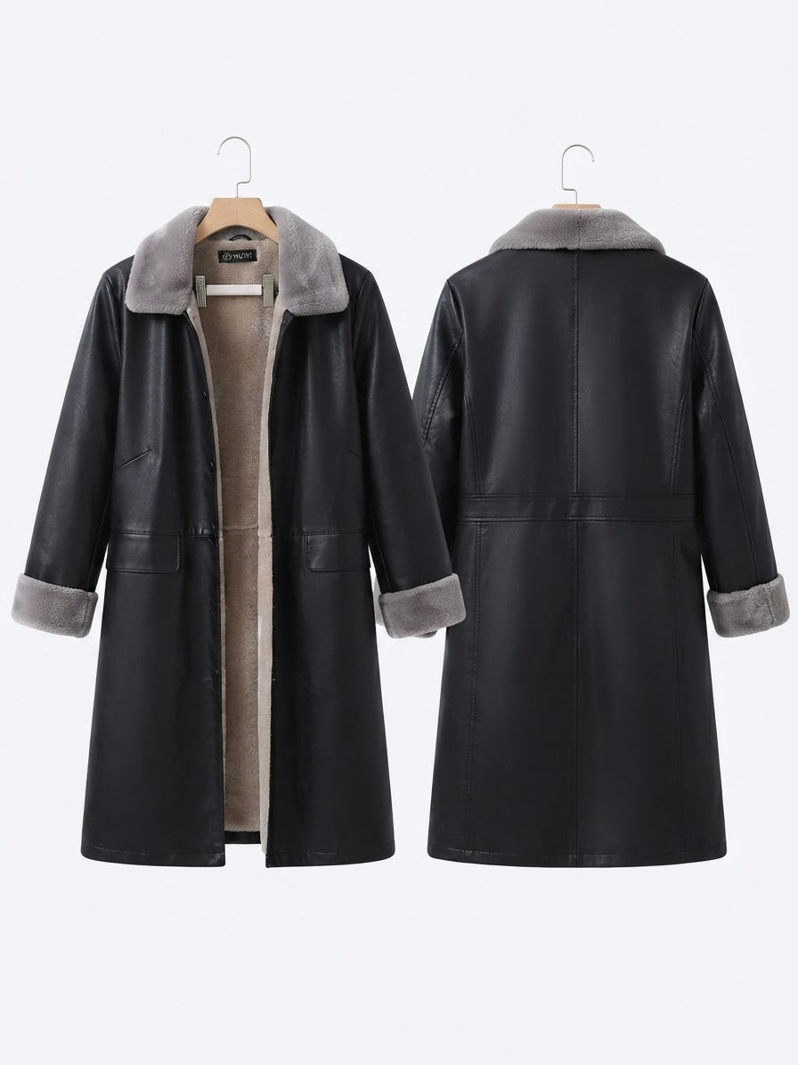 Chaqueta Larga Cuerina con Borrego y Detalles de Piel Gris