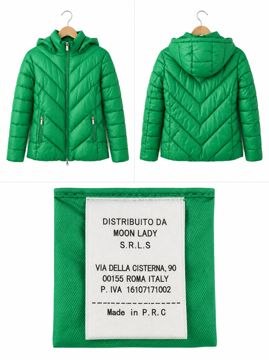 Chaqueta Puffer Verde Vibrante con Capucha y Cierre