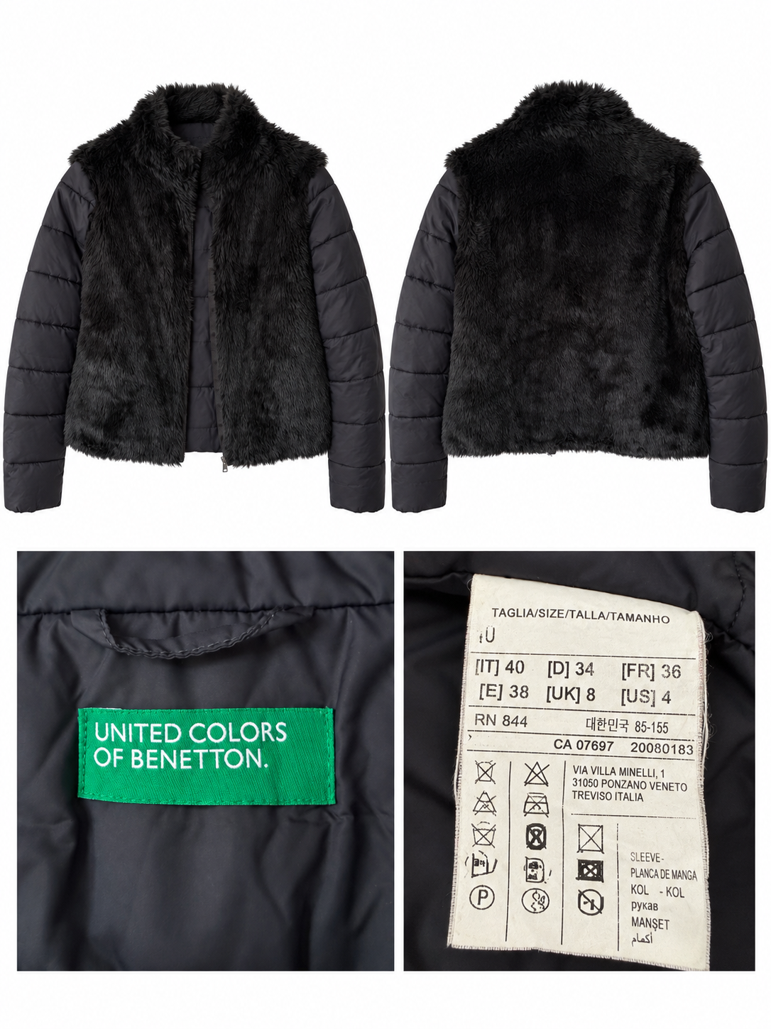 Chaqueta Benetton Negra Faux Fur & Puffer (Talla S)