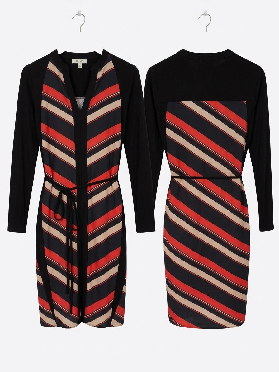 Vestido Midi Negro con Rayas Multicolor Rojo, Beige