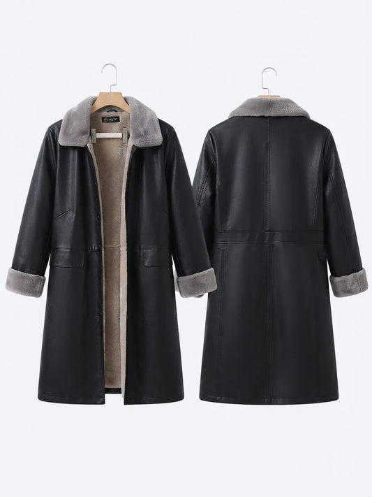 Chaqueta Larga Cuerina con Borrego y Detalles de Piel Gris