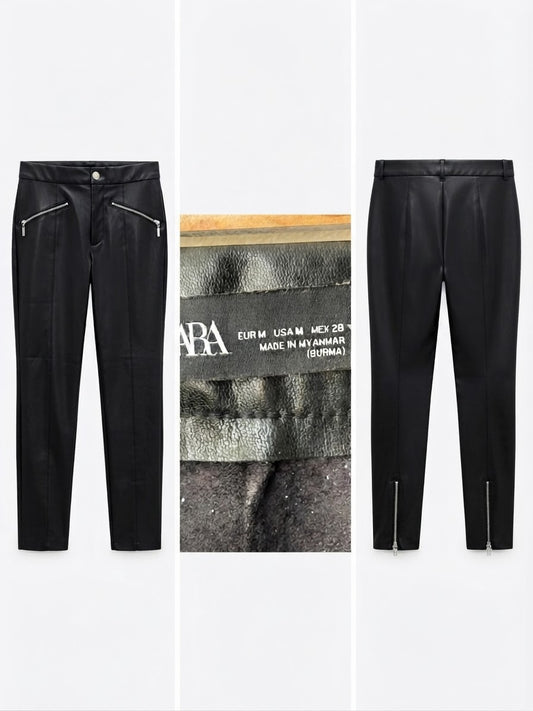 Pantalón Cuerina Negro con Cierres Zara