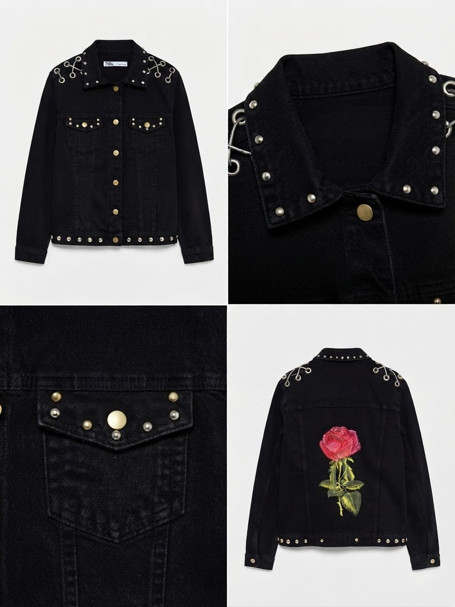 Chaqueta de Mezclilla Negra con Tachas y Bordado de Rosa