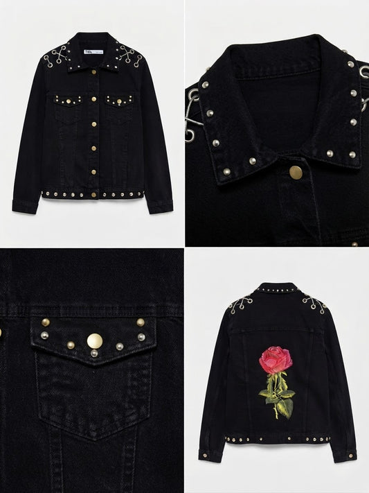 Chaqueta de Mezclilla Negra con Tachas y Bordado de Rosa