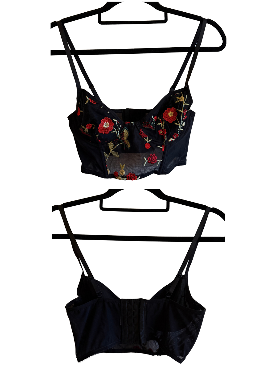 Corset Negro con Bordado Floral – Talla S / 34